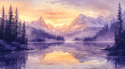 Obraz premium Serene Sunset over Mountain Lake and Coniferous Forest