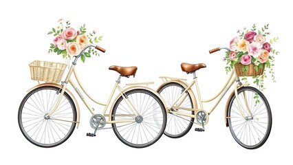 Fototapeta premium Romantic Cream Bicycle Couple with Floral Baskets Spring Flowers Bicycle Ride