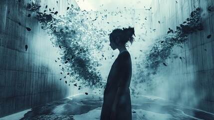 Woman standing alone in dark alley with leaves blowing in wind