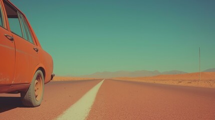 Obraz premium Vintage Car on Desert Road, Travel and Adventure