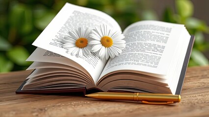 Obraz premium Open Book with Daisies Pen Wooden Table Nature Background Reading Education Knowledge Literature