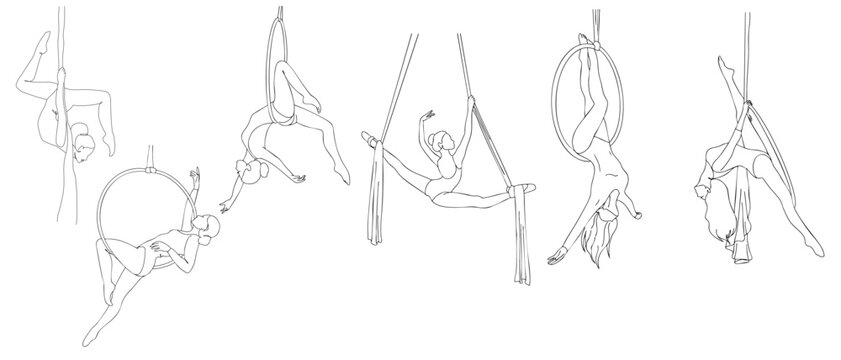 Minimalist vector outline set of an aerial gymnasts. The elegant poses captures movement, strength, and flexibility, making it perfect for sports, fitness, circus.