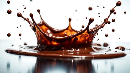 Chocolate splash. Liquid material creates a crown shape, and droplets appear to float above a reflective surface on white background