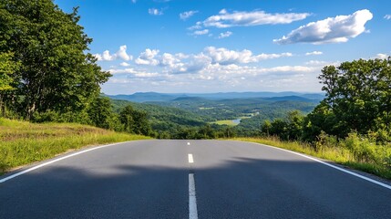 Fototapeta premium Scenic View of Open Road Curving Through Lush Green Landscape Under Bright Clouds : Generative AI