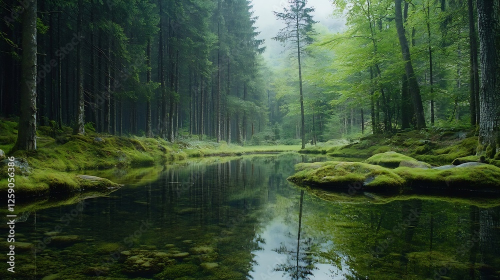 Aufkleber serene reflection of lush green forest on calm water in tranquil nature setting : generative ai