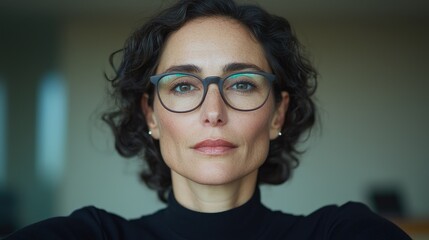 Fototapeta premium Confident mid-adult businesswoman with curly hair and glasses looking directly at the camera in a bright office setting.