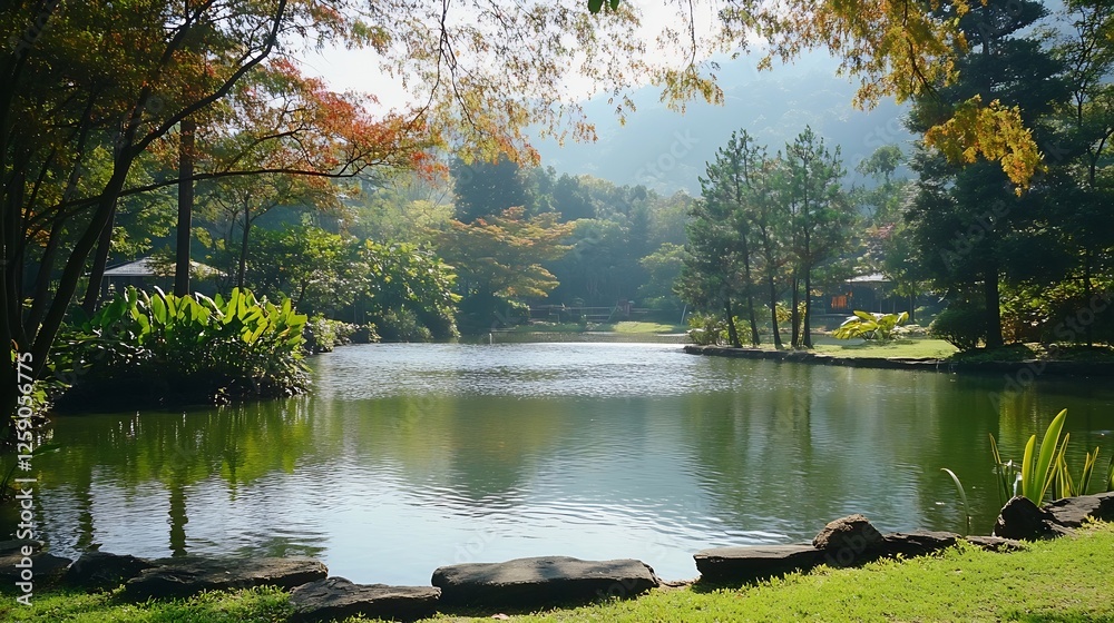Poster serene lakeside view with lush greenery and autumn colors reflecting on the water surface : generati