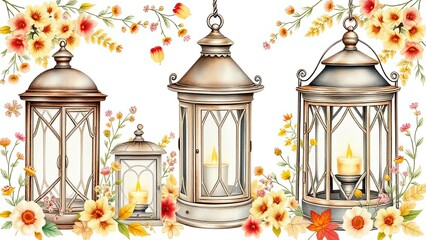 Autumn Lanterns with Flowers Watercolor Illustration Home Decor Fall Design