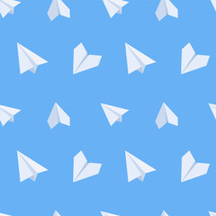 Pattern of paper planes. Seamless vector pattern with paper airplanes, origami, love notes on blue background
