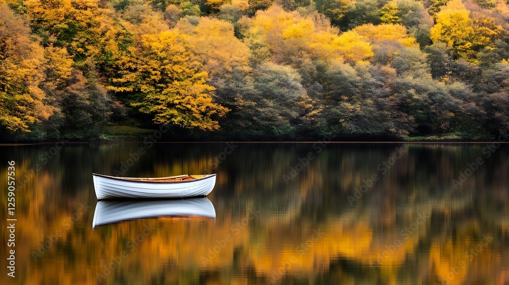 Poster serene autumn landscape with a white rowboat floating peacefully on calm reflective water surrounded