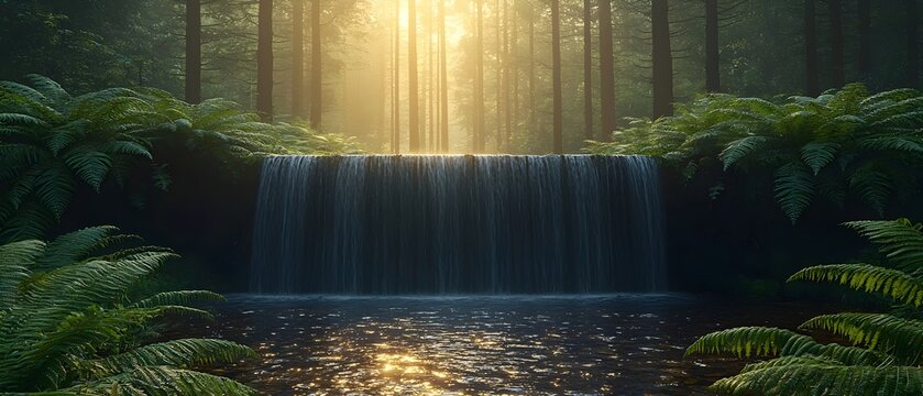 A serene waterfall cascading through lush ferns, illuminated by golden sunlight breaking through a dense forest canopy.