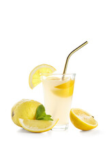 Glass of fresh lemonade with mint on white background