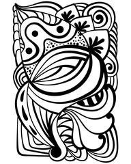 Abstract coloring page with striped patterns and doodle motifs, patterned element for colouring or creating metaphorical cards