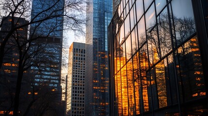 Stunning Reflections of Skyscrapers and Trees on Glass Windows at Sunset : Generative AI