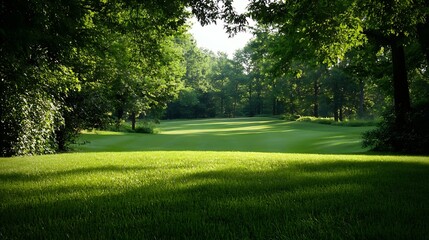 Obraz premium Lush Green Golf Course Surrounded by Trees and Sunlit Landscape : Generative AI