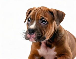 Fototapeta premium Pitbull puppy close up on white backdrop.