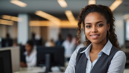 Obraz premium Confident African American Woman in an Office Setting Surrounded by Colleagues During Daytime Work Hours