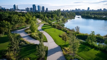 Obraz premium Aerial view of scenic park area with paths and waterfront amidst urban skyline : Generative AI