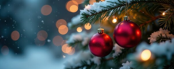 Obraz premium Deep red ornaments adorn snowy fir branches, illuminated by warm string lights , close up, classic