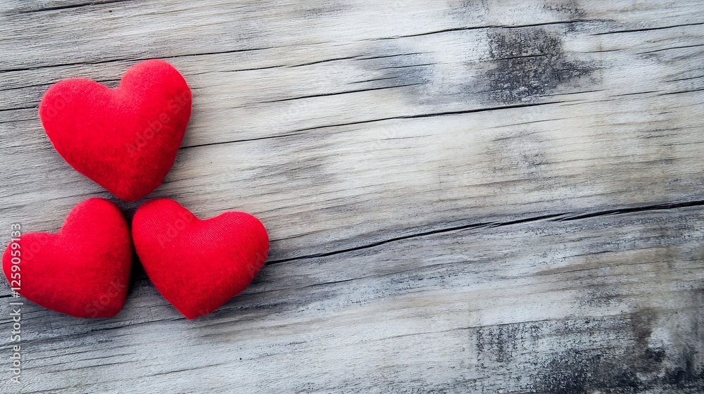 Poster three soft red hearts arranged on a rustic wooden surface evoking love and warmth : generative ai