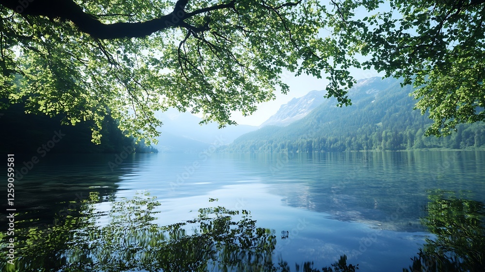 Poster serene lake surrounded by lush green trees and mountains reflection captured in morning light : gene