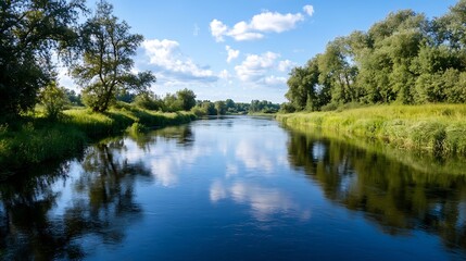 Serene riverside landscape reflecting blue sky and fluffy white clouds in tranquil nature : Generative AI