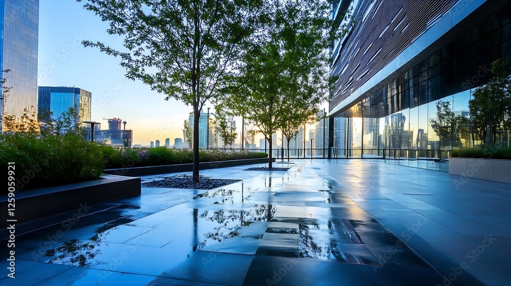 Poster urban outdoor space with modern architecture surrounded by trees reflecting in water at sunset : gen