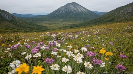 Wildflower meadow, mountain vista, summer hike. Landscapes, nature photography