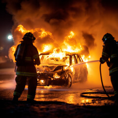 Ein Feuerwehrmann k&auml;mpft gegen die Flammen eines brennenden Autos

