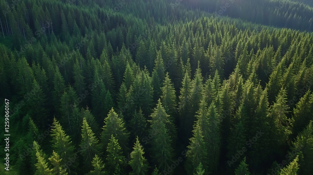 Poster Aerial View of Dense Evergreen Forest Captured During Golden Hour : Generative AI