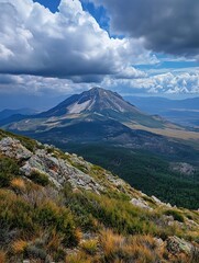 Fototapeta premium Breathtaking Mountain Landscape Under Dramatic Clouds with Lush Green Valley : Generative AI