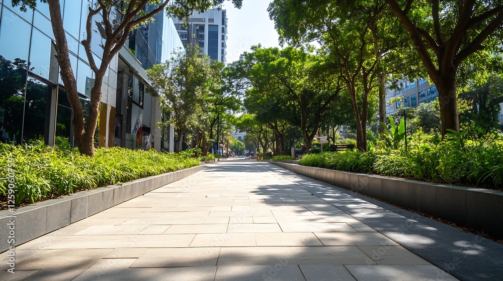 Poster Lush Green Walkway Surrounded by Trees and Modern Architecture : Generative AI