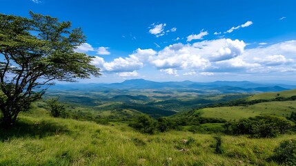 Obraz premium Breathtaking view of lush mountains and blue sky with fluffy clouds in a natural landscape : Generative AI