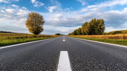 Fototapeta premium Straight Highway Stretching Under Blue Sky Surrounded by Lush Green Trees : Generative AI