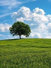 Lone Green Tree Standing on a Hill Under a Bright Blue Sky with Fluffy Clouds : Generative AI