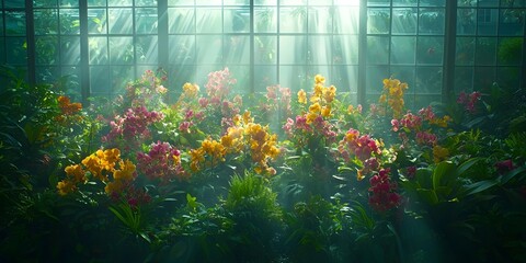 A vibrant display of orchids in various shades of pink and yellow, illuminated by soft sunlight streaming through a greenhouse window, creating a serene and magical atmosphere.