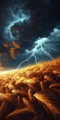 A dramatic storm brews over a golden wheat field, with dark clouds and striking lightning illuminating the scene, capturing the raw power of nature in a vivid display.