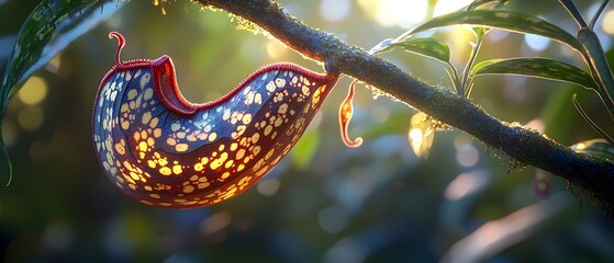 A vibrant red and white carnivorous plant hangs elegantly from a branch, illuminated by soft sunlight filtering through the lush green foliage, showcasing its intricate patterns.