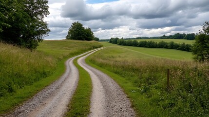 Naklejka premium Peaceful Country Road Surrounded by Lush Green Fields under a Cloudy Sky : Generative AI