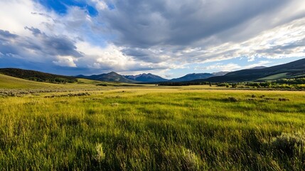 Breathtaking landscape of rolling green hills and mountains bathed in soft sunlight under a cloudy sky : Generative AI