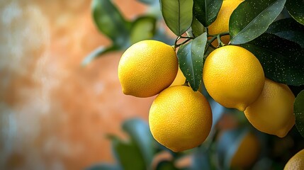 A close-up shot of ripe, yellow lemons hanging on a branch with lush green leaves, against a softly blurred textured background, creating a vibrant and refreshing feel.
