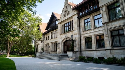 Obraz premium Elegant Historic Mansion Surrounded by Lush Green Trees Under Clear Blue Sky : Generative AI