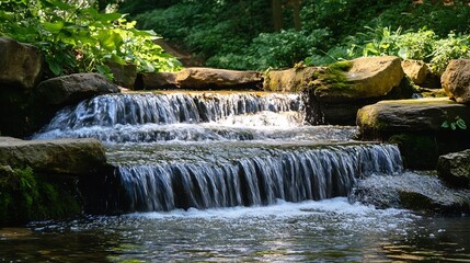 Obraz premium Gentle cascading waterfall flowing over rocks surrounded by vibrant green foliage : Generative AI