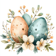 Watercolor Easter eggs, pastel colors, flowers around the eggs, on a white background.