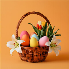 Easter clipart busket with eggs and lilies flat simple low detailed isolated on white background.