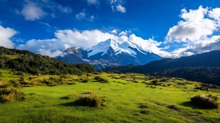 Fototapeta premium Breathtaking Scenic View of Snow Capped Mountains Against Bright Blue Sky : Generative AI