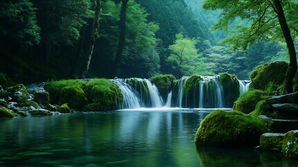Idyllic Forest and Waterfall Scene with Lush Greenery and Clear Water : Generative AI