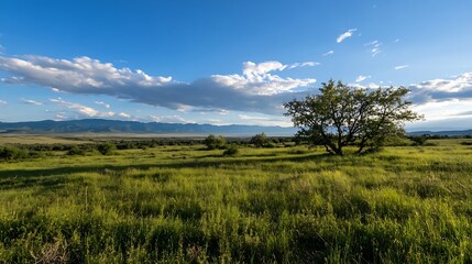 Vast Green Landscape with a Single Tree under a Beautiful Blue Sky : Generative AI