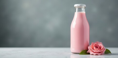 Obraz premium Milk, rose, bottle, grey background, selective focus, object, simple
