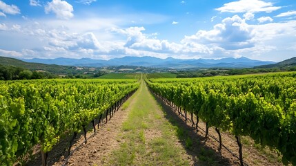 Row of Green Vineyards under a Bright Blue Sky with Beautiful Clouds : Generative AI